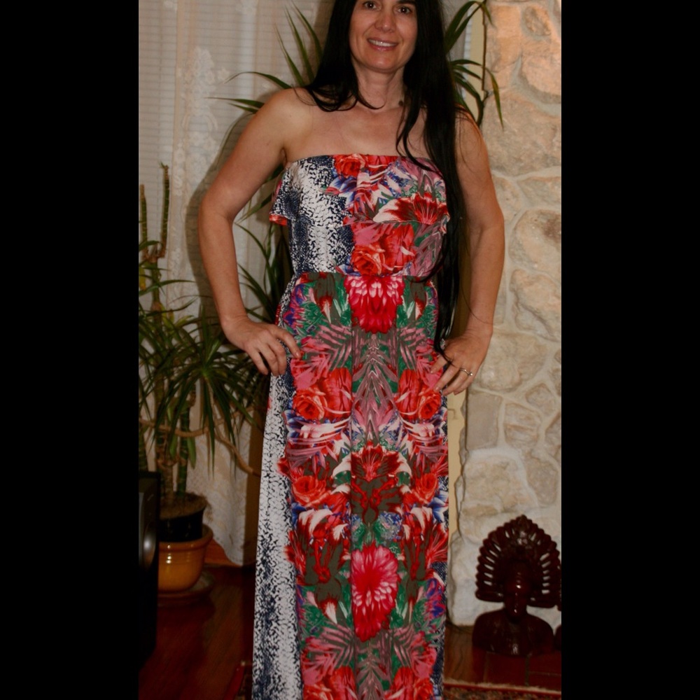 Ivory, red, flower off shoulder, maxi dress