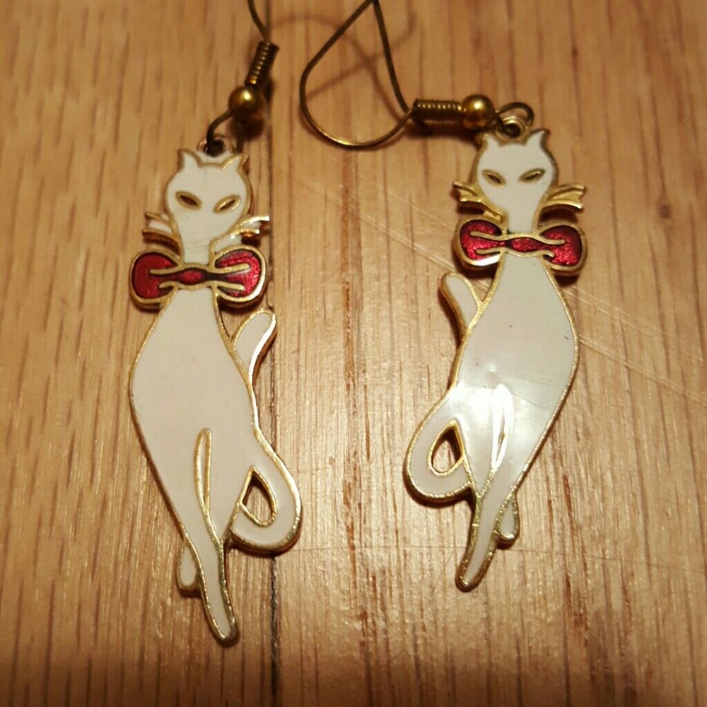 Vintage White and Red Cat Earrings
