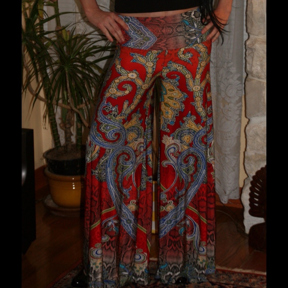 Red, yellow, blue palazzo pants, foldable waist