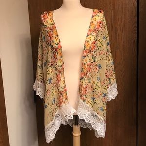 Boho Sheer Floral Kimono w/ Lace Trim