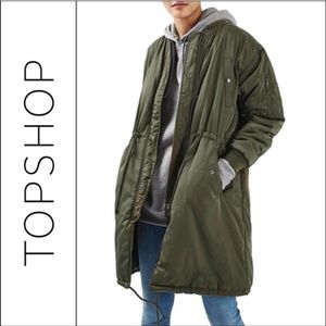 Topshop Olive Green Long Line Bomber Jacket