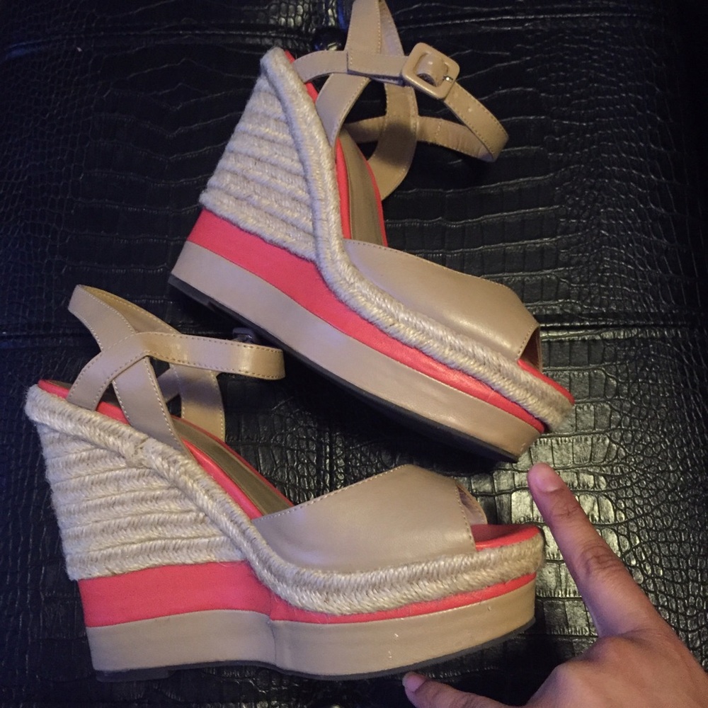 Tan and coral wedges