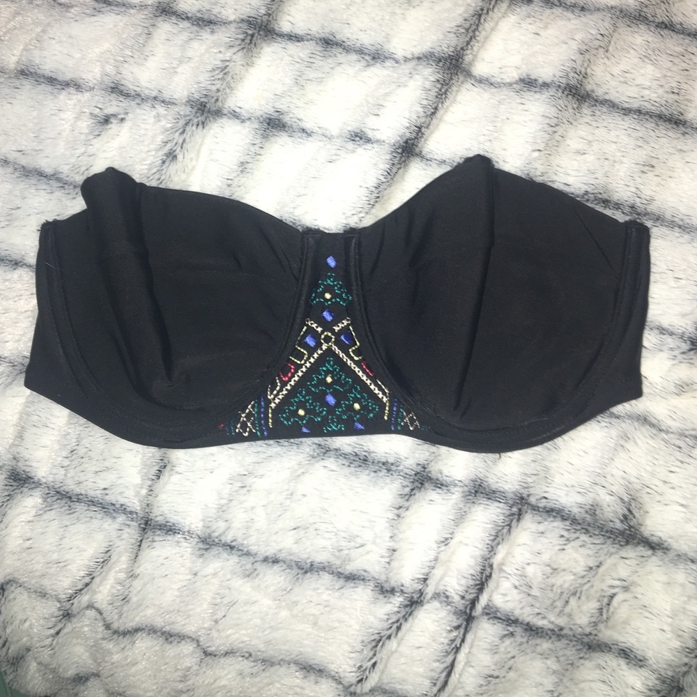 strapless black printed bathing suit top