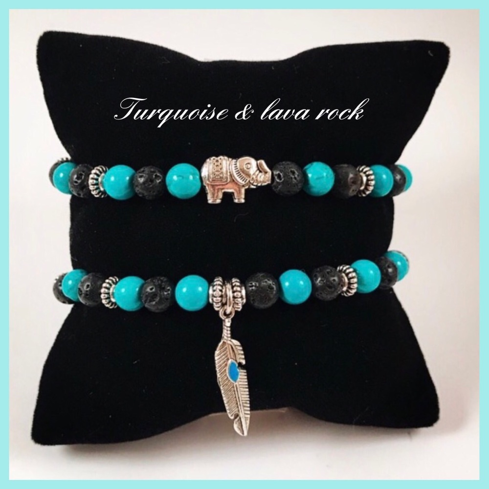 Women lava rock turquoise elephant bracelets set