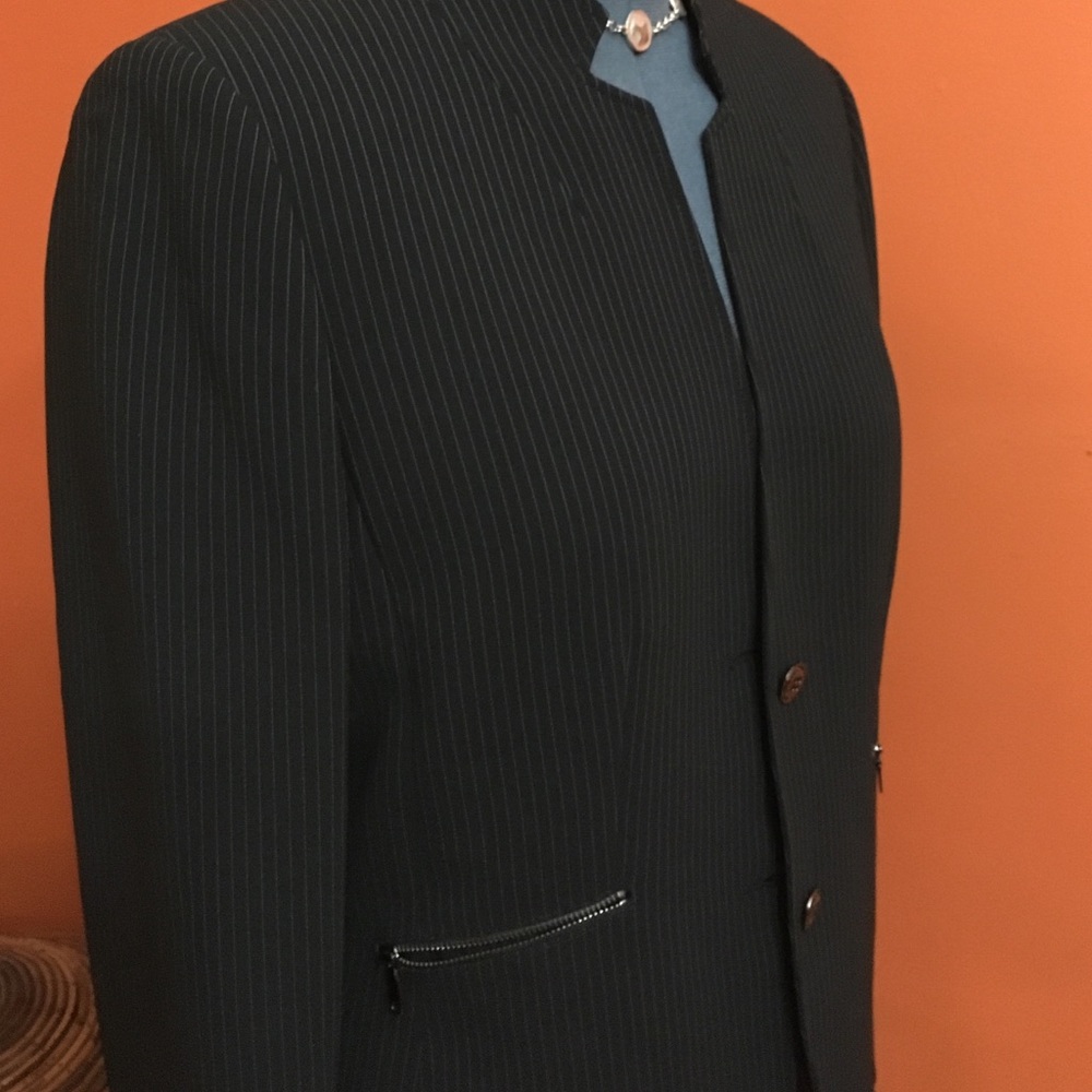 A Tahari Navy Blue Stripes Power Suit
