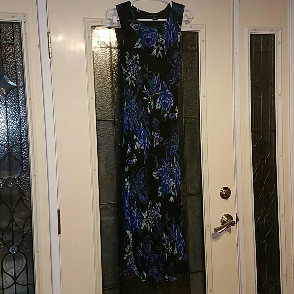 Black Rayon dress with blue flowered pattern