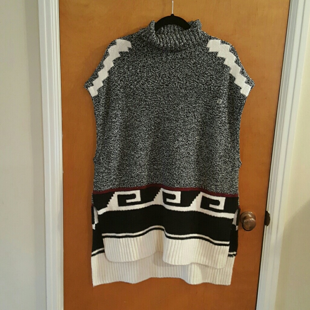 Long black, cream and burgundy poncho