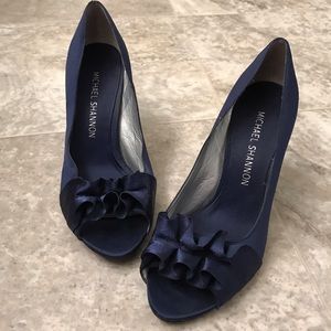 Navy Blue Satin Peep Toe Heels