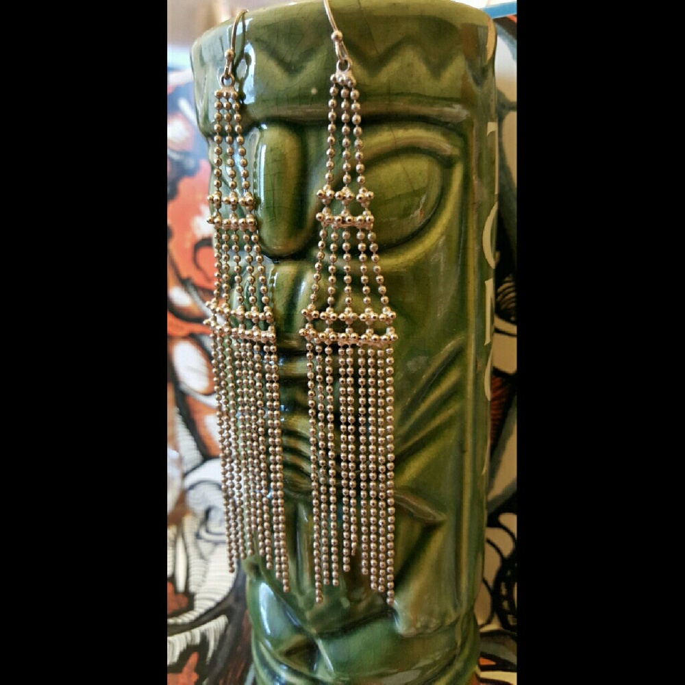 ❌SOLD❌ Long Beaded Chain Tassel Earrings Silver - Picture 3 of 3
