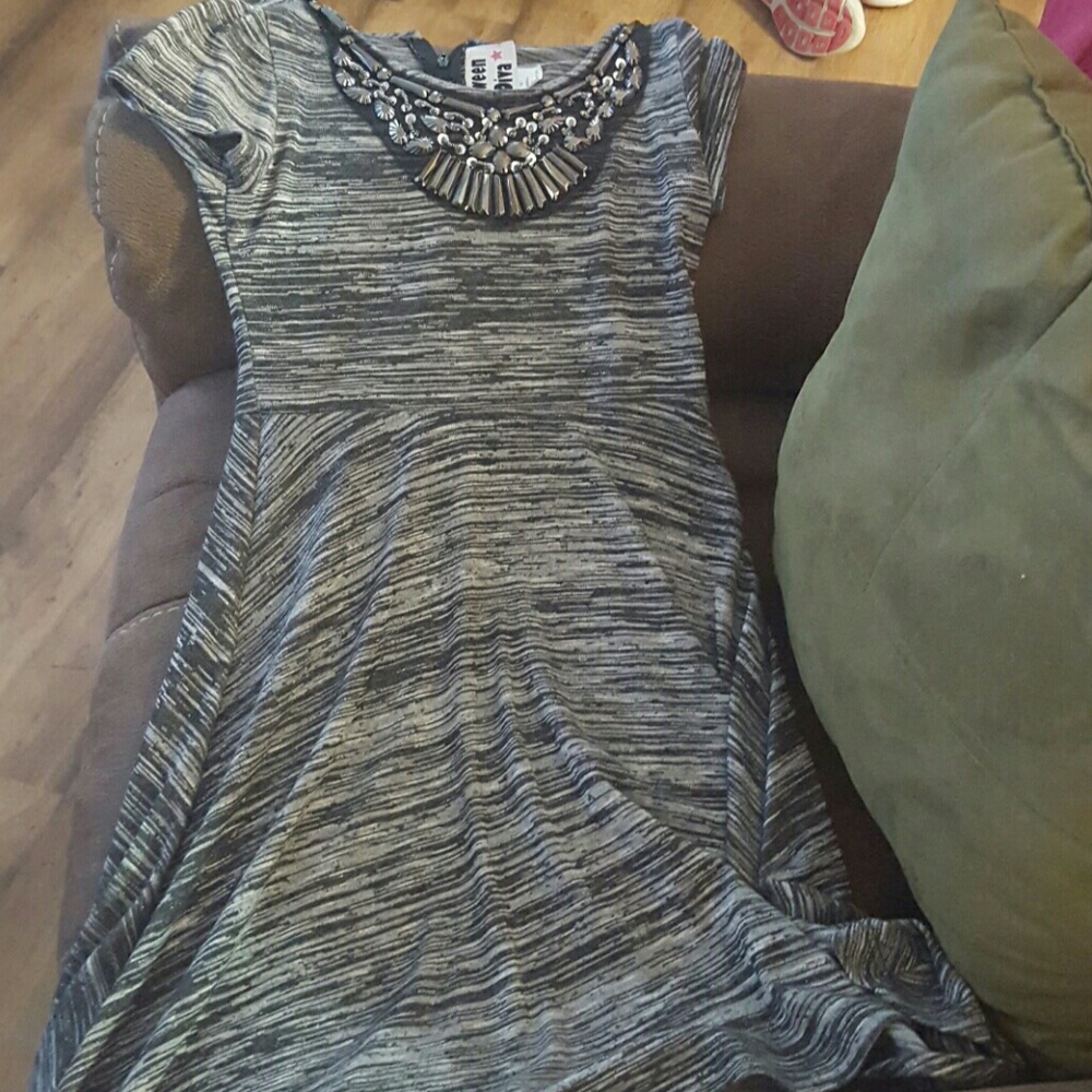 Black and grey tea dress with jeweled collar