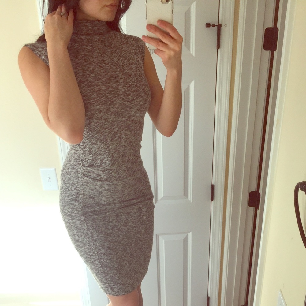 Gray mock neck midi pencil dress