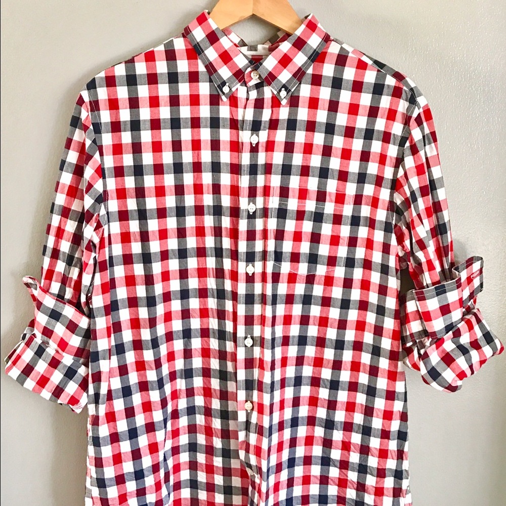 Red and navy plaid button up