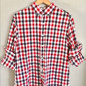 Red and navy plaid button up