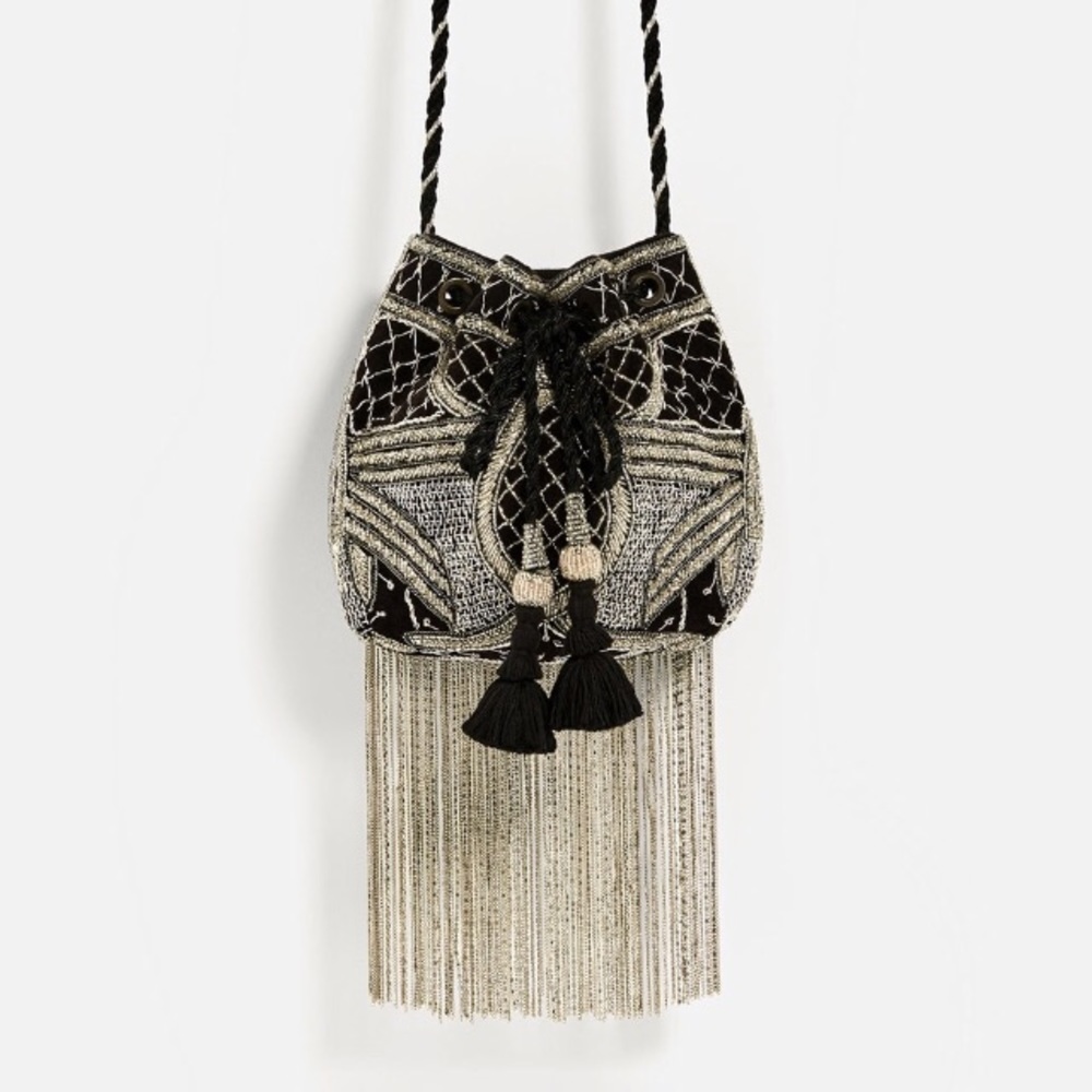 ZARA BEADED FRINGE BUCKET BAG BRAND NEW