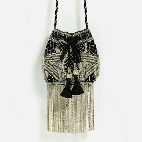 ZARA BEADED FRINGE BUCKET BAG BRAND NEW - Picture 3 of 8