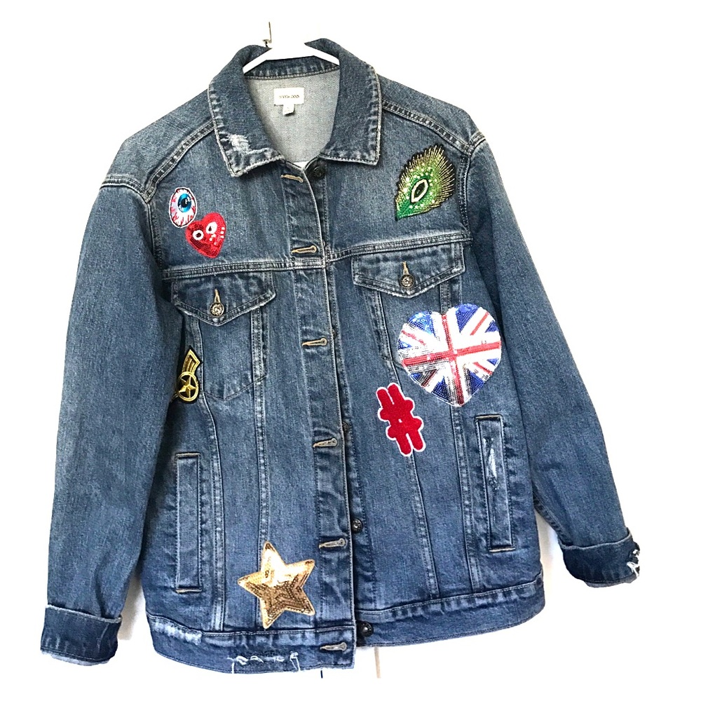 Oversized distressed and patch denim jacket