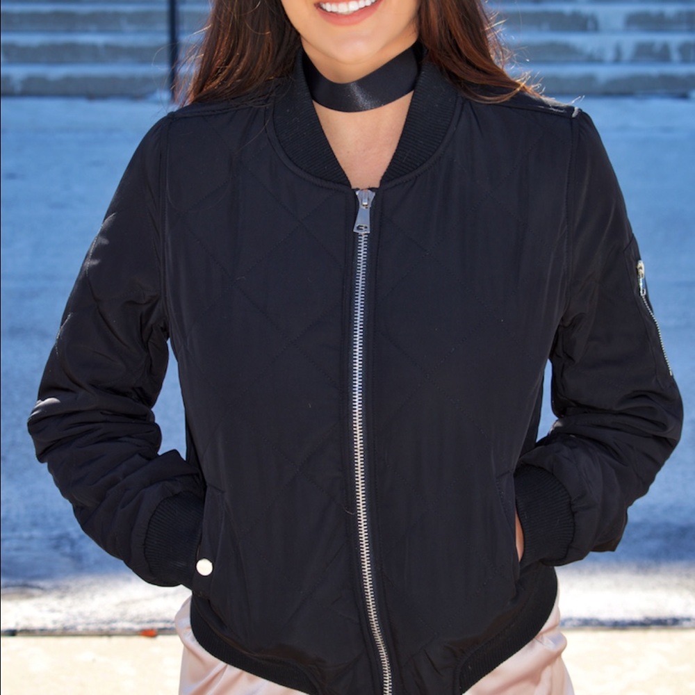 Black Quilted Bomber Jacket