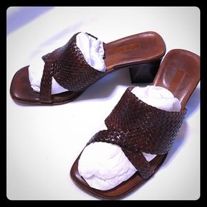 Sesto Meucci brown leather woven high heel sandals