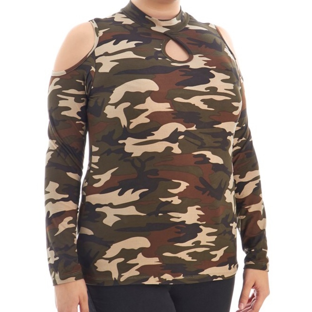 Camouflage Print Cold Shoulder Top