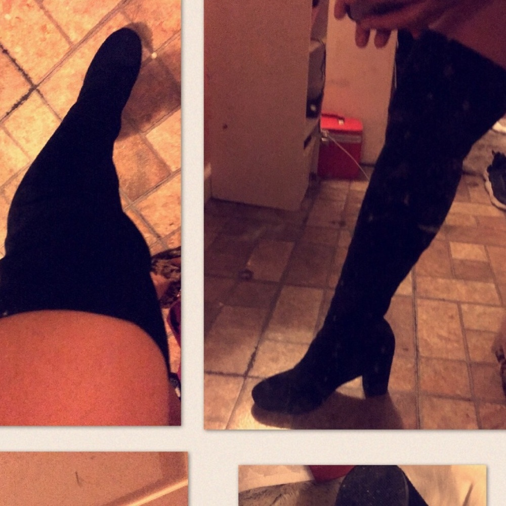 Black suede high knee boots