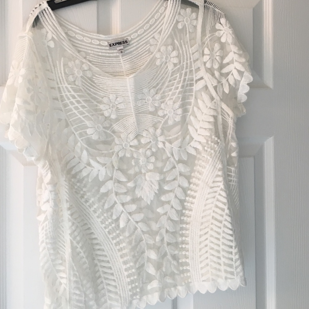 Expresss print embroidered white see through top