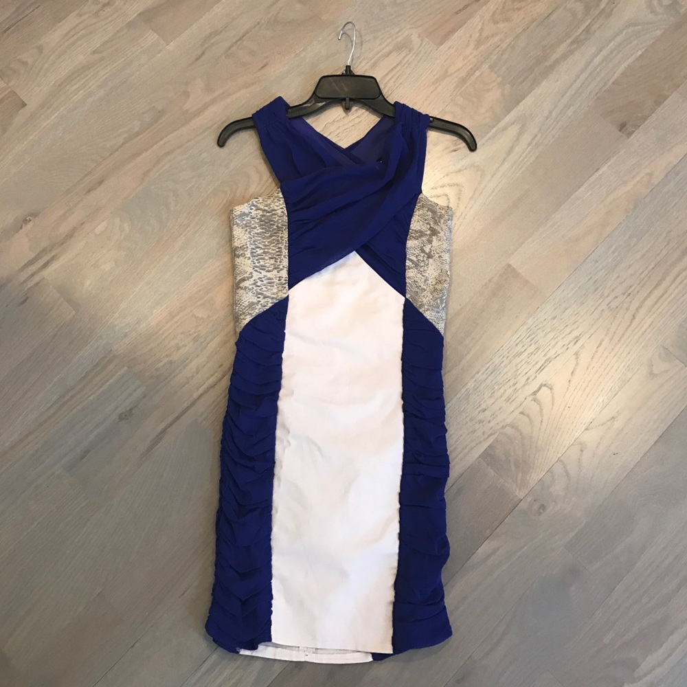 Royal blue, snake print and cream dress