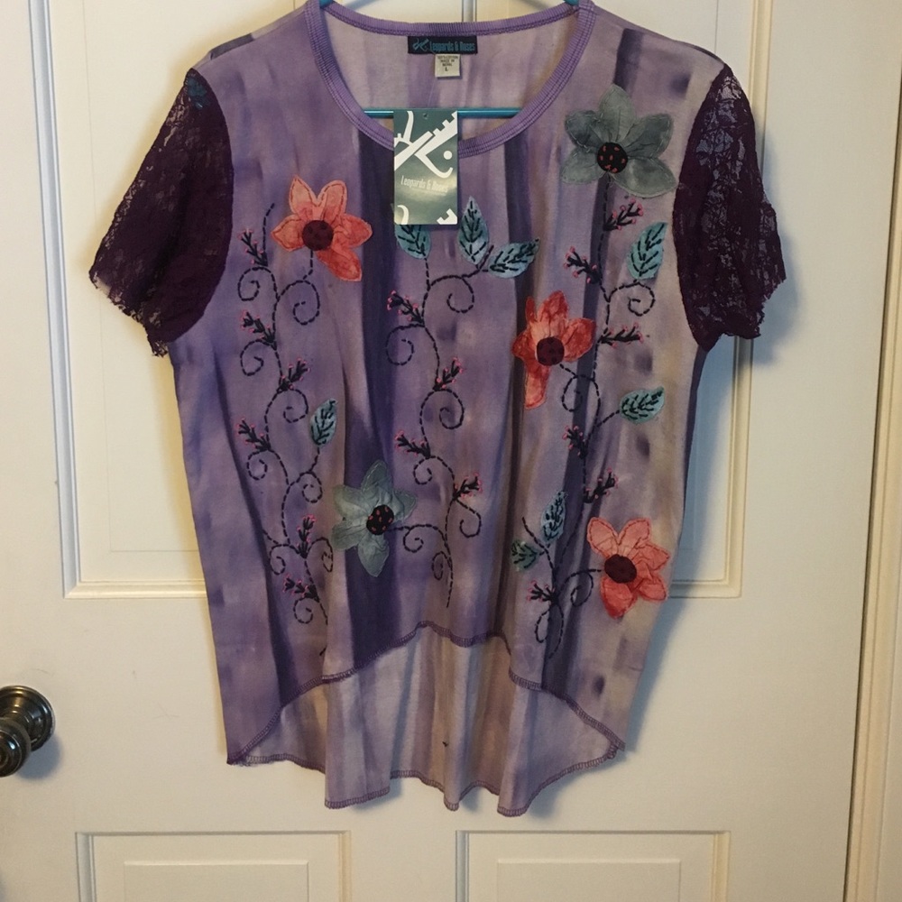 NWT size L purple embroidered flower tshirt.
