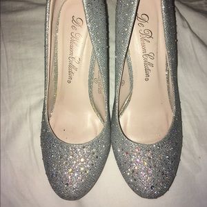 Iridescent rhinestone silver pumps