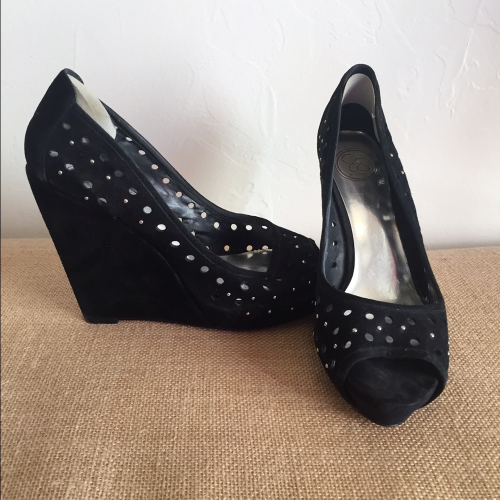 3/$30 Genuine black suede peep toe wedges size 9