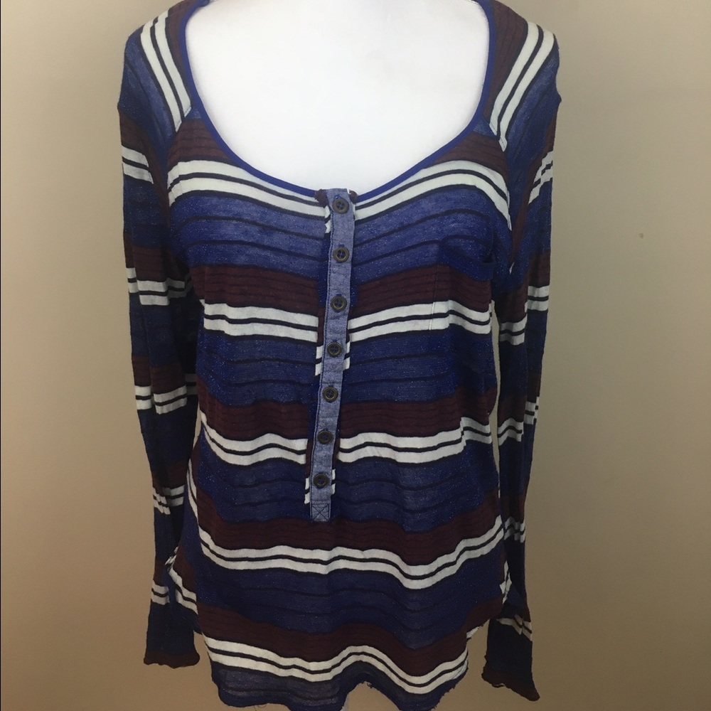 We the Free Blue Metallic Striped Henley