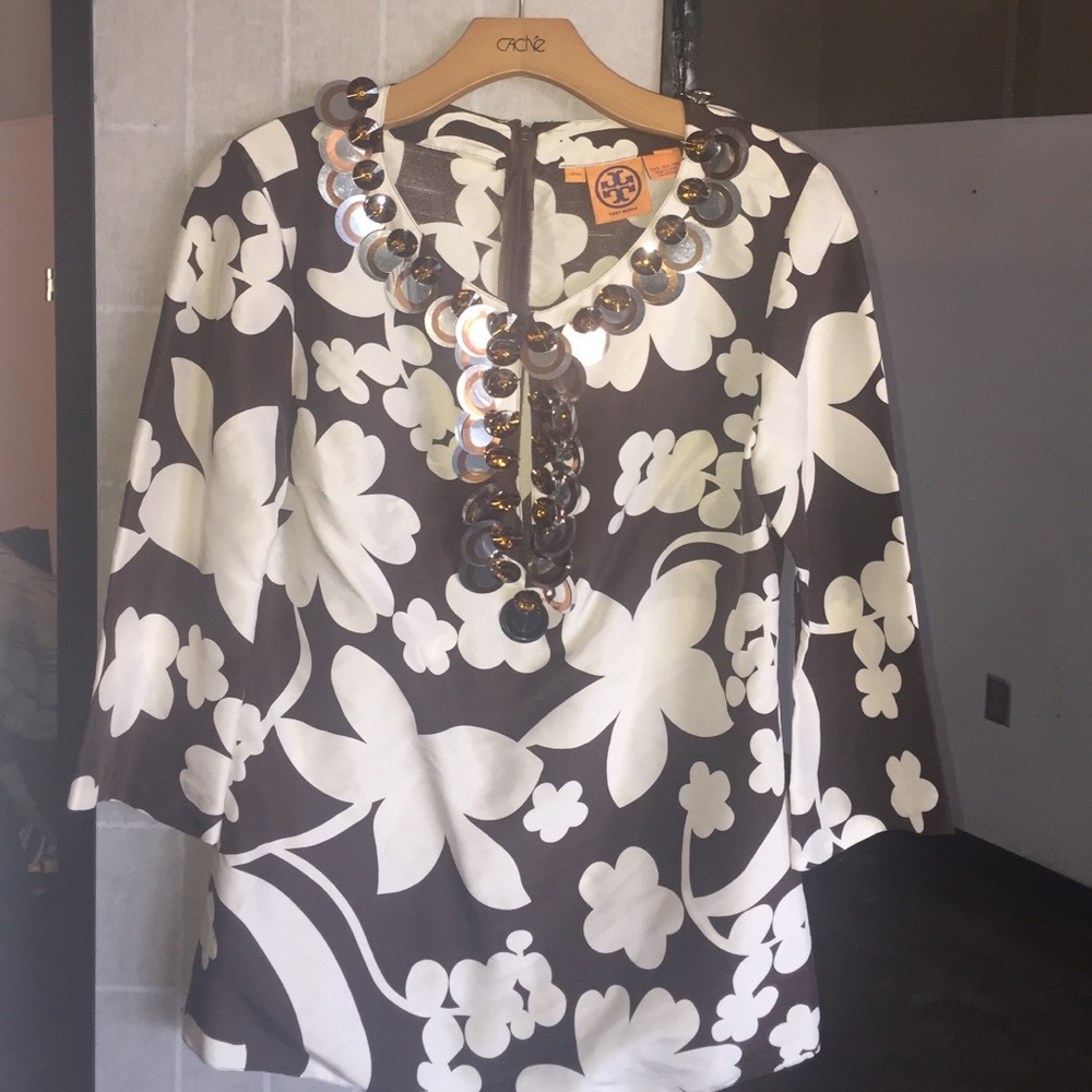 Tory Burch brown floral embellished tunic size 4