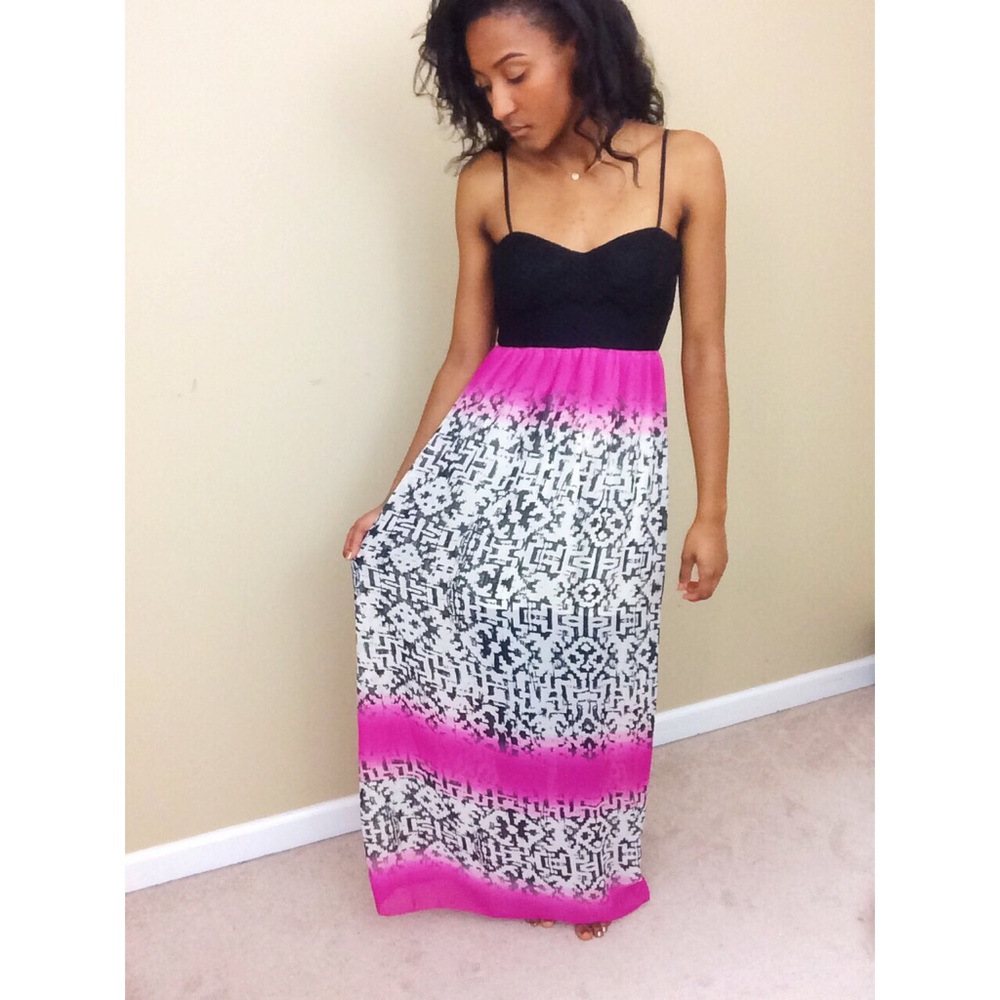 Pink Ombré with Black and White Pattern Maxi Dress