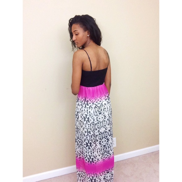 Pink Ombré with Black and White Pattern Maxi Dress - Picture 3 of 3