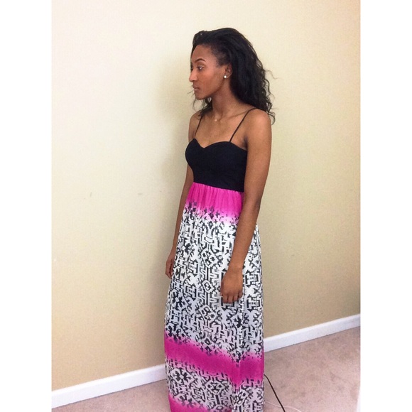 Pink Ombré with Black and White Pattern Maxi Dress - Picture 2 of 3