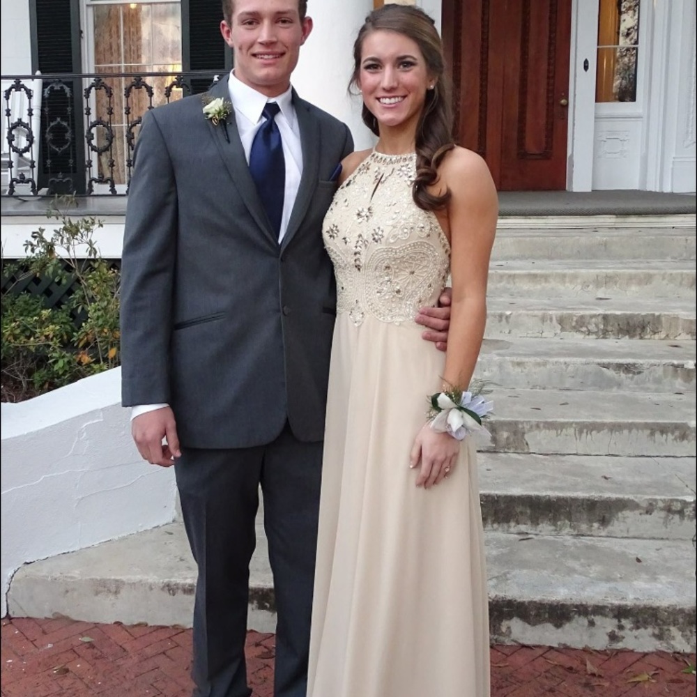 Long chiffon tan Prom dress. Open Back