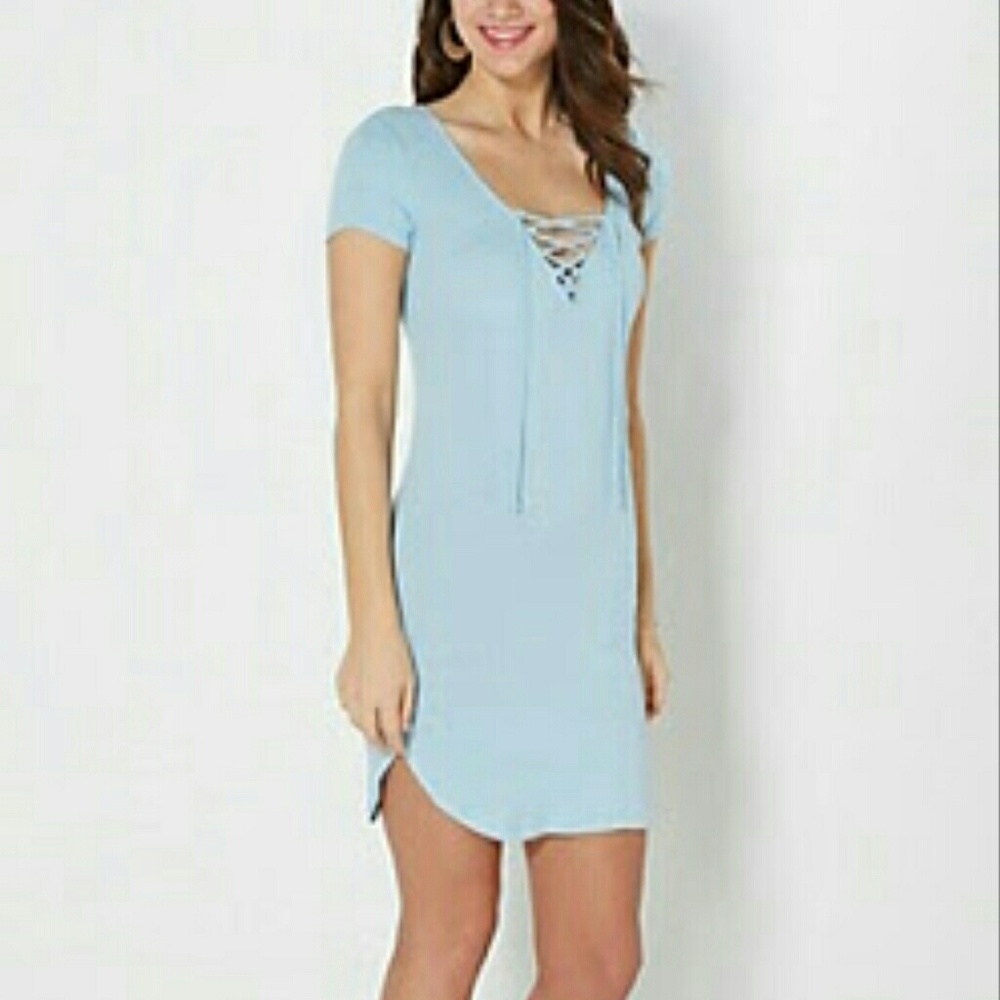 Baby Blue Ribbed Lattice neck dress