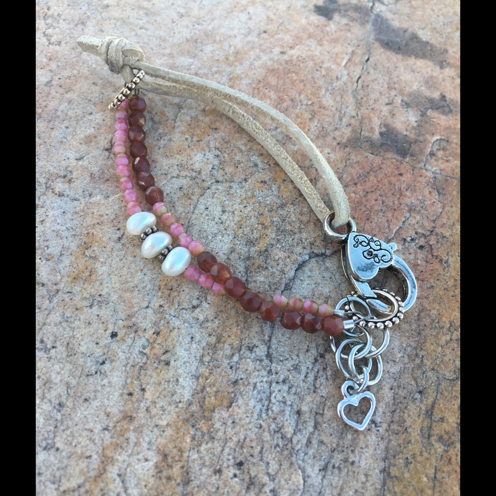 Pink, Freshwater Pearl and Leather Bracelet
