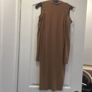 Camel open back peekaboo shoulder dress