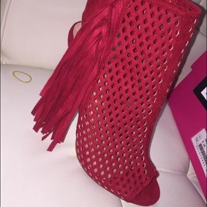 Red suede peep toe heels 🤑