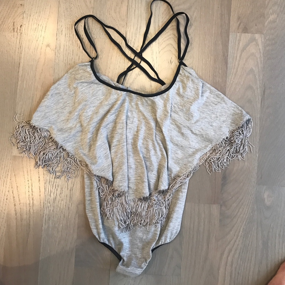 Strappy open back, beaded fringe bodysuit