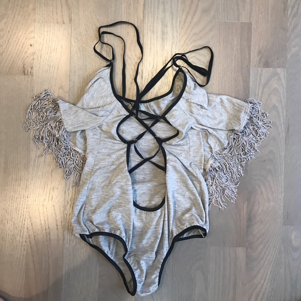 Strappy open back, beaded fringe bodysuit - Picture 2 of 4
