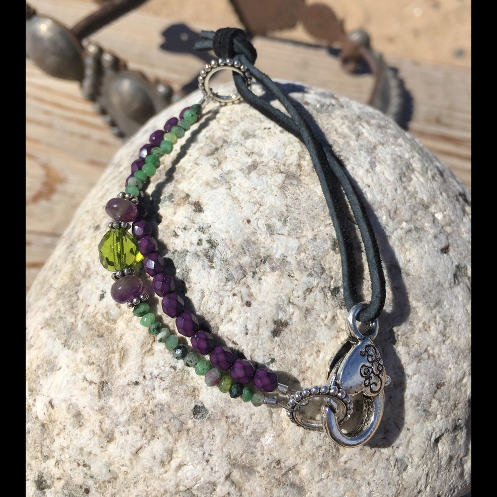 Purple, Green & Leather Bracelet