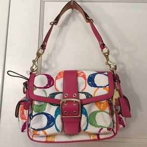 White/pink Coach handbag, multicolored embroidery