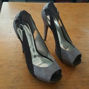 Black and Silver Sparkle Heels by GUESS