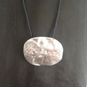 Silver Oval Pendant Necklace on Black Cord