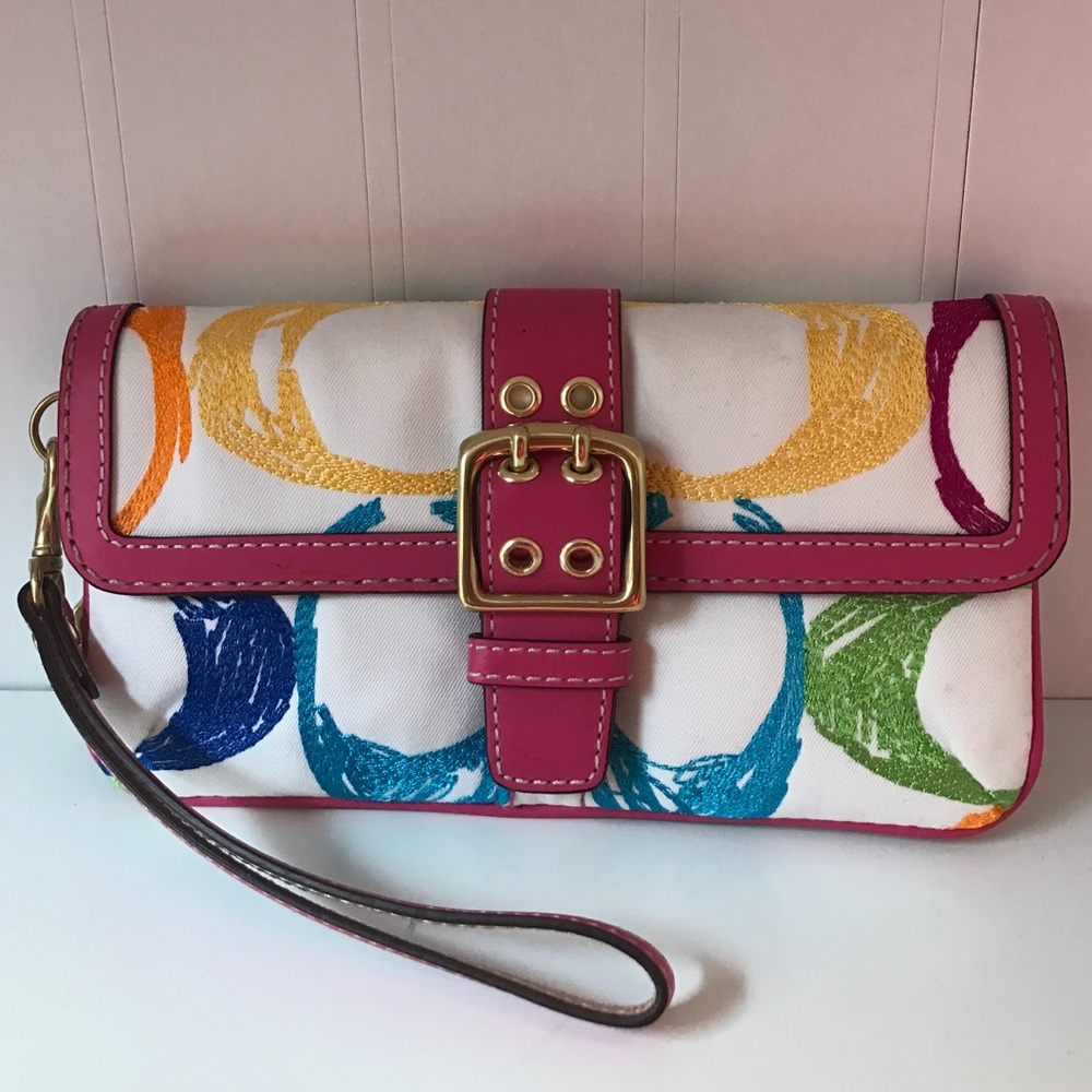 White/pink Coach embroidered wristlet