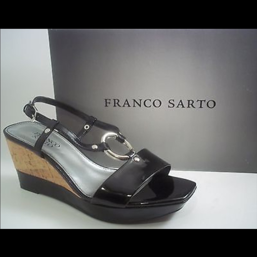 Franco Sarto Black Patent Cork Wedges
