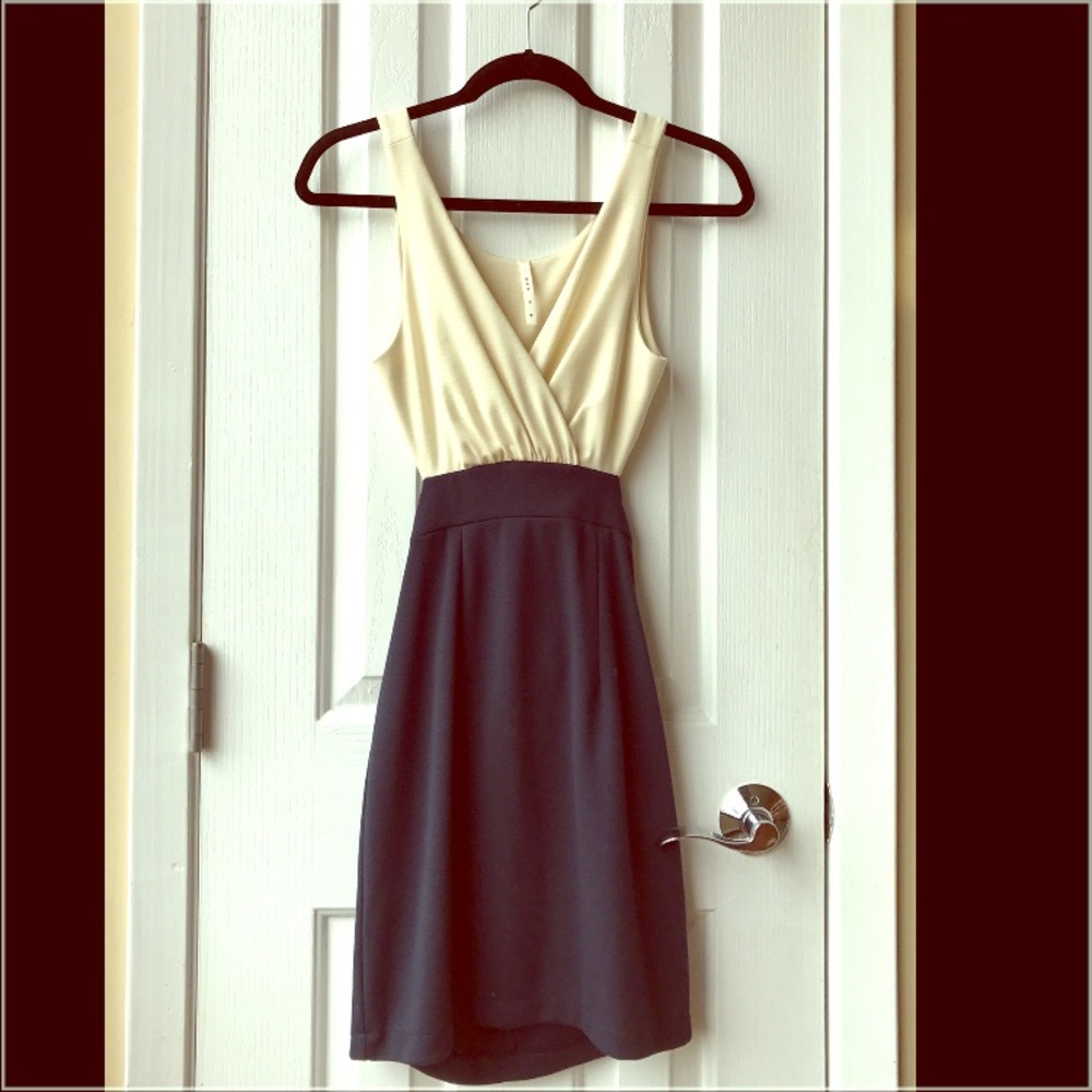 Cream & Navy Dress with Open Back