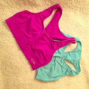 2 Champion bras, one purple and one light blue.