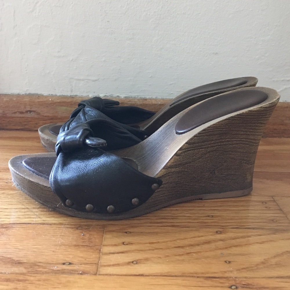 Wood and dark brown leather wedges - size 38